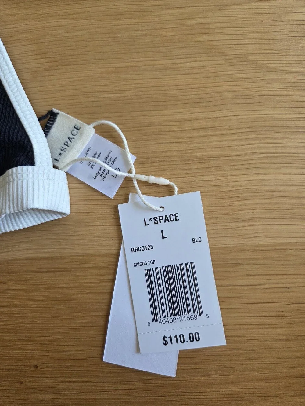 NWT L*Space Caicos Top Black White Ribbed Bikini Top Size Large
